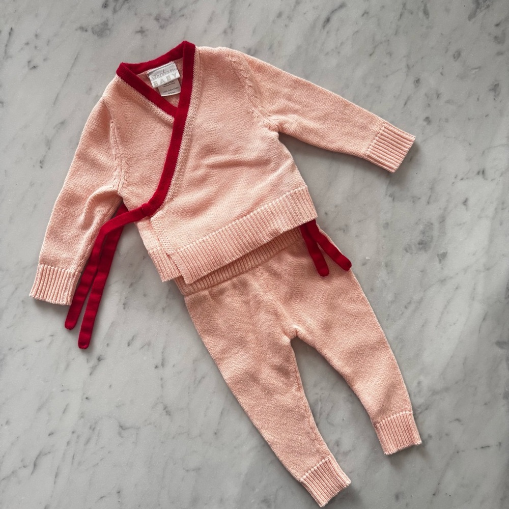 Stephan Baby 0-3 Two-Piece Knit Wrap Set - Pink/Red Newborn Layette Kimono Girls